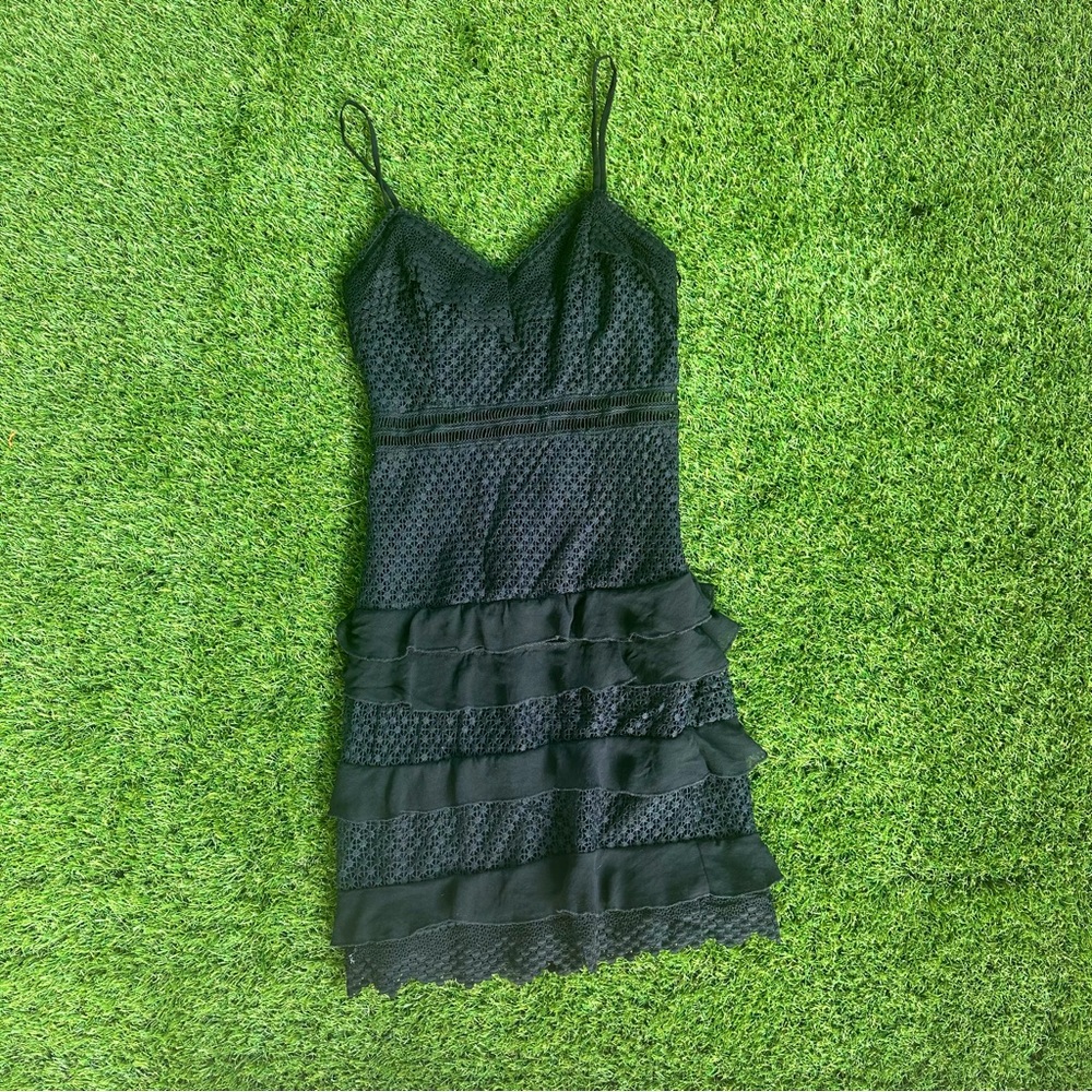 Aqua Black Lace 3 Tier Ruffle Mini Dress